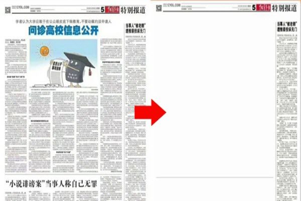 中国青年报的关于问责高校信息公开的文章被删 出现“开天窗”的现象 网络图片