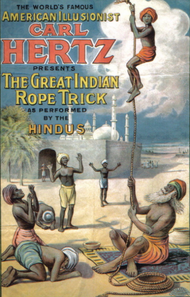 美國魔術師卡爾·赫茲表演「印度通天繩」的海報（圖片：Wikimedia Commons）