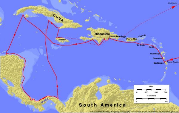 哥倫布第四次航行路線（圖片： Keith Pickering /wikipedia）