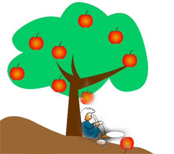 「万有引力」听说是当年牛顿在苹果树下，被一个苹果打到头而悟出来的（图片 ：希望之声合成）