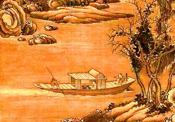 因为途中在湘北受大风所阻，罗隐所乘的船停泊在洞庭湖与青草湖之间。 唐棣 1351年作 朔风飘雪图（局部）（图片：Wikimedia Commons）