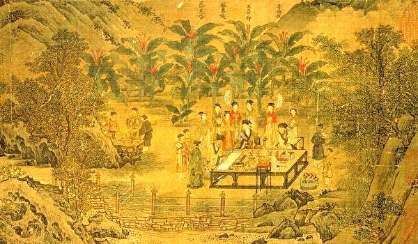 眾人圍觀蘇軾寫書法。宋．劉松年《西園雅集》局部，（圖片：Wikimedia Commons）
