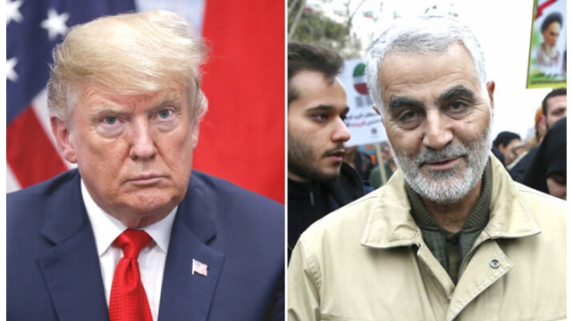 川普总统1月9日披露，击毙伊朗将军苏莱曼尼(Qassem Soleimani, 右)的原因是苏莱曼尼在策划炸毁美国驻伊拉克的大使馆。(AP Photo/Ebrahim Noroozi)