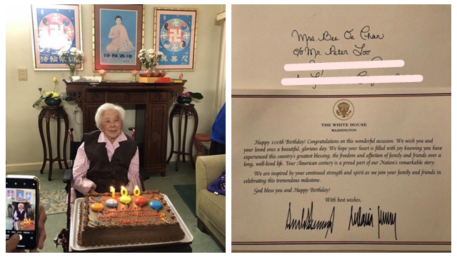 美国旧金山的一位华裔老人最近过百岁生日时惊喜收到川普总统夫妇的亲笔签名贺信。（图片由本人提供，SOH合成）