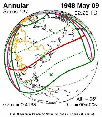 1948年5月9日日環食帶貫穿中華民國南部、東部及朝鮮半島38線。（圖片：NASA）