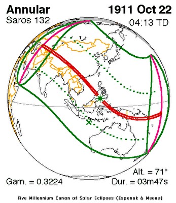 1911年10月22日日環食帶貫穿大清西部和西南、兩廣、海南島。（圖片：NASA）