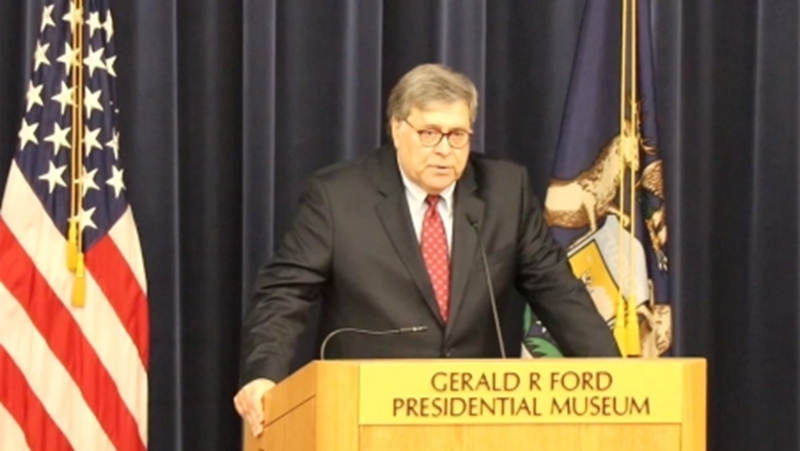 美国司法部长巴尔（William p. Barr）7月16日 在密歇根州福特总统博物馆（Gerald R. Ford Presidential Museum）发表有关中国政策讲话。(视频截图)