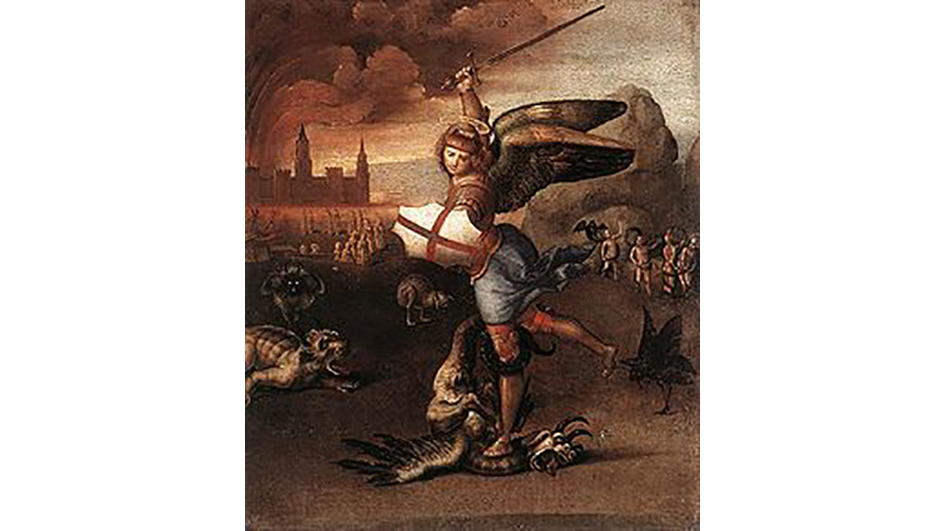 拉斐爾·聖齊奧所繪的聖經故事-大天使米迦勒踐踏撒旦圖(1504年-1505年)，收藏於羅浮宮。（圖片來源：維基百科）
