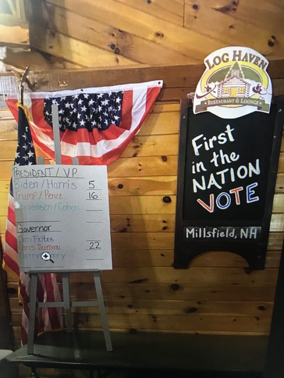 新罕布夏州小鎮米爾斯菲開出總統票，有16張選票投給川普、5張選票投給拜登。（圖：翻攝推特）