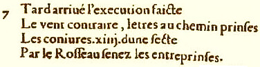 圖爲出版商Macé Bonhomme於1555年印刷的最早版本的《諸世紀》第一紀第7首詩。（公有領域）