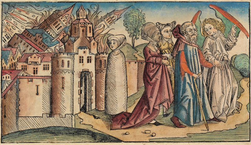天使拉着罗得和他的妻子、两个女儿逃出了索多玛，而罗得的妻子则因为回头一望，立即就变成了一根盐柱（图片：1493年出版的《纽伦堡编年史》插图）