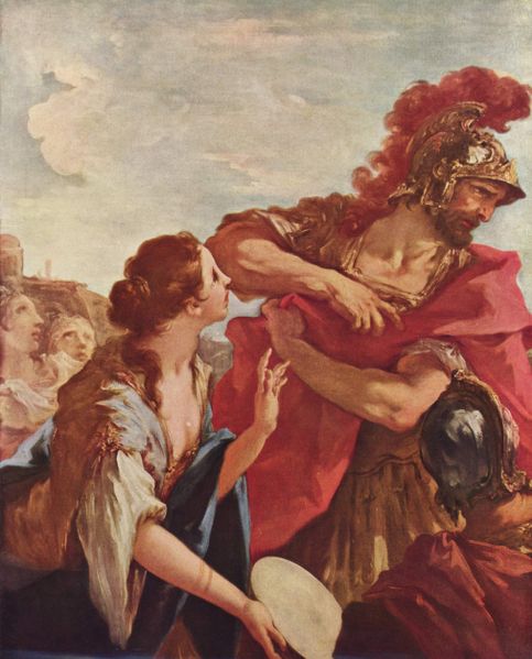 耶弗他大胜亚扪人，返回自己家时，他的独生女儿第一个出来迎接他（图片：意大利18世纪画家Giovanni Antonio Pellegrini的作品《耶弗他的归来》）