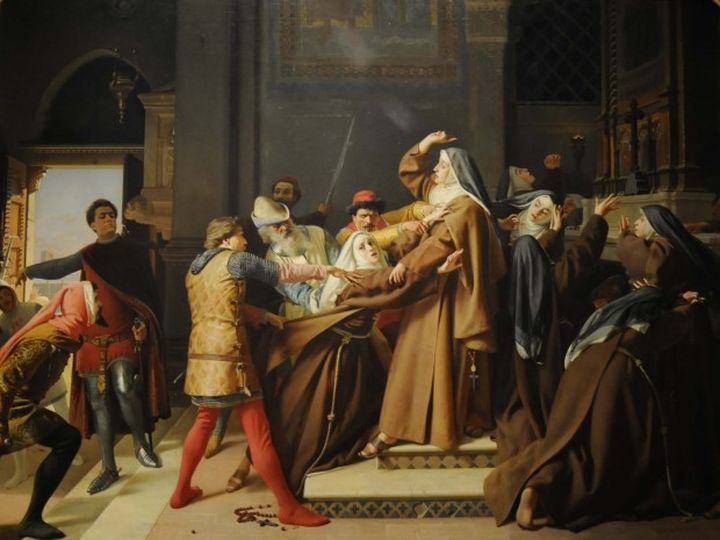 （图片：意大利画家 Raffaello Sorbi 1866年画作《皮卡尔达·多纳蒂被劫出修道院》）