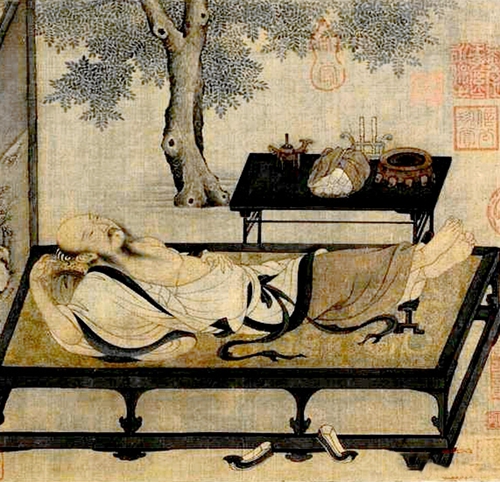 书生就枕而卧，所经历的境况，与古时传说的黄粱梦很相似（示意图片： [宋] 绘画《槐荫消夏图》）