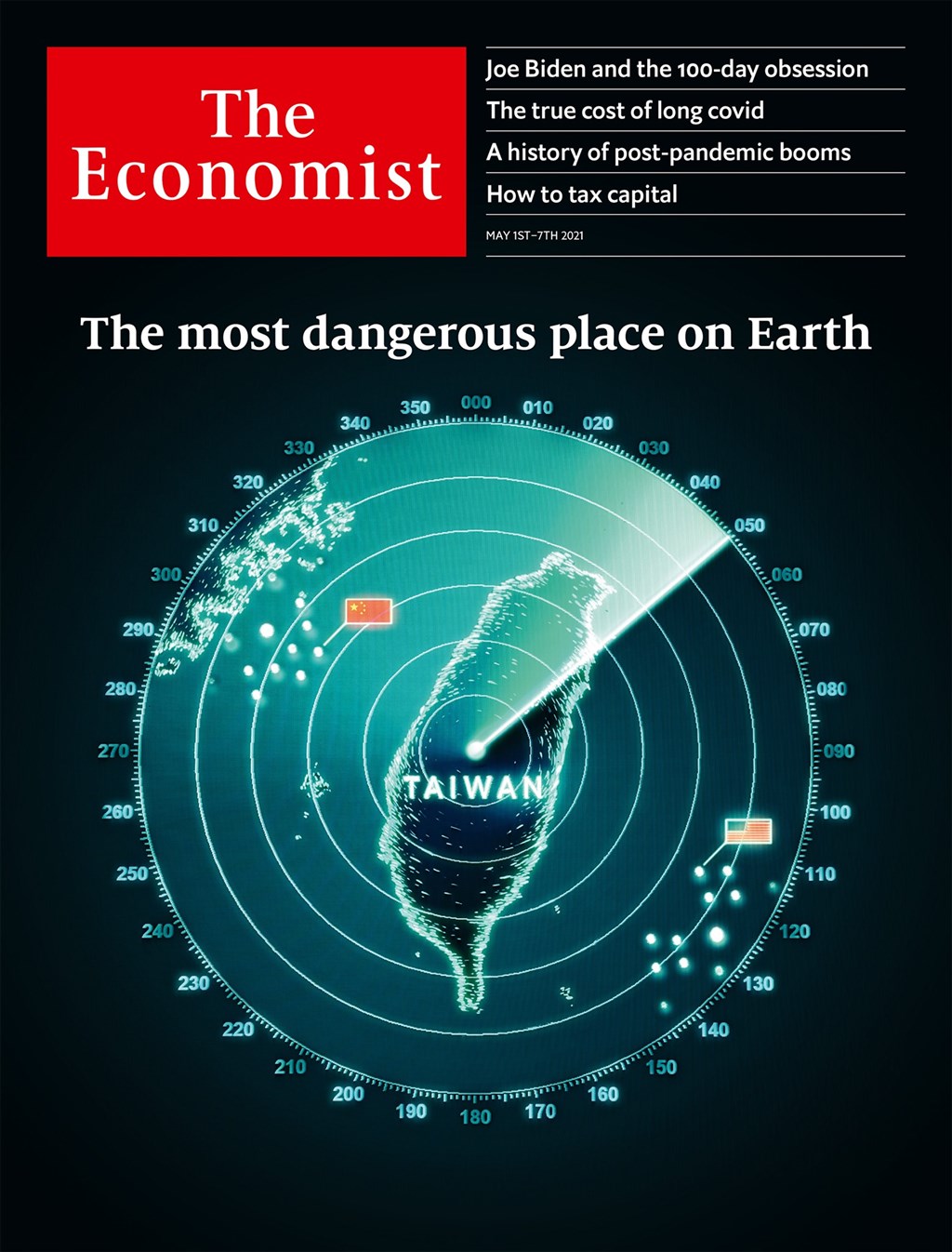 “经济学人”30日公布当期封面，以台湾雷达图为主视觉，左有中共五星旗、右有美国星条旗，并称这是“地球上最危险地区”。