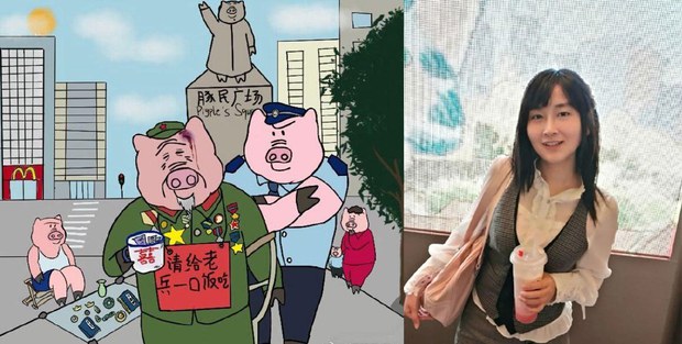 猪头人身漫画作者张冬宁与其作品（图片来源：微博截图）