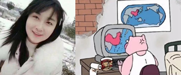 猪头人身漫画作者张冬宁与其作品（图片来源：微博截图）