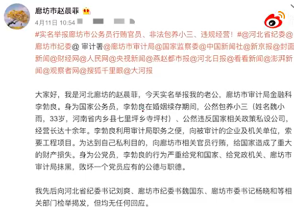 趙晨菲在微博舉報丈夫行賄、出軌