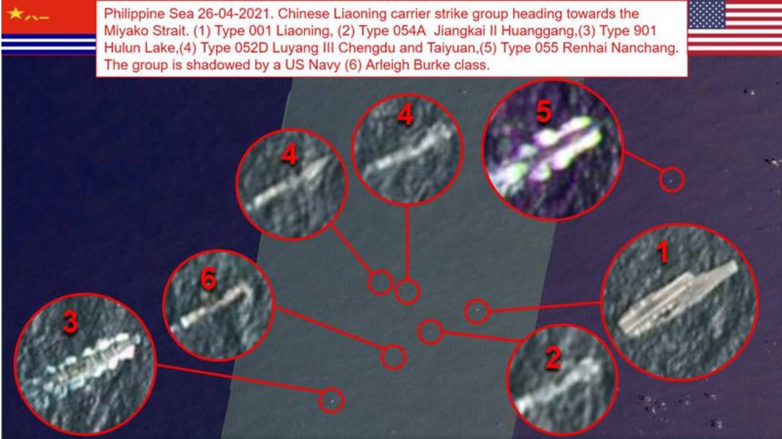“OSINT-1”26日發佈衛星影像，發現一艘美軍伯克級驅逐艦（編號6）插隊混入遼寧號艦羣之中，編號1爲遼寧號。   圖：擷取自推特@OSINT_1 