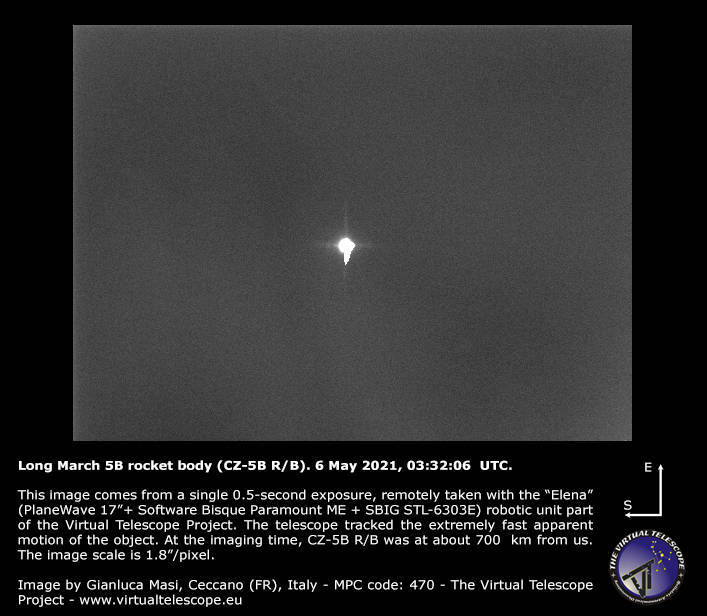 非营利组织“Virtual Telescope”的天文学家马西则在意大利捕捉到了第1张长征五号残骸照片。（图片来源：取自“Virtual Telescope”）