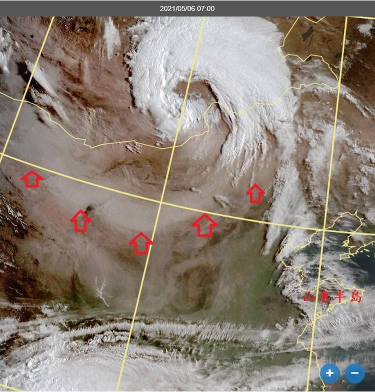 郑明典上午PO出最新的卫星云图，警告当前中国华北地区正在发生新一波很强的沙尘暴。