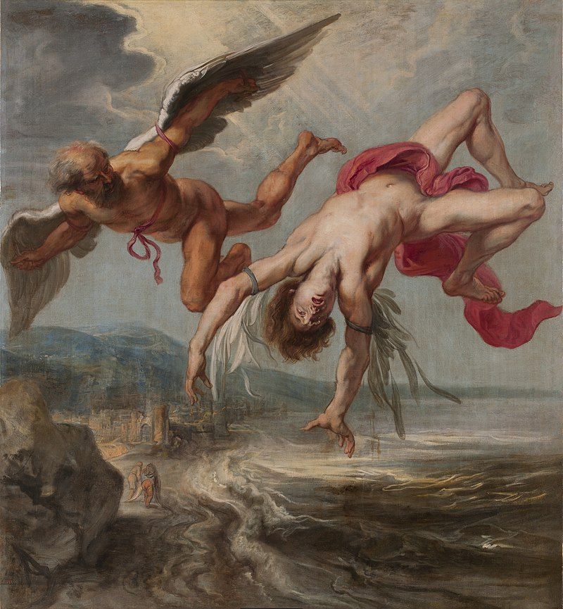 希臘神話中的伊卡洛斯（Icarus）因翅膀融化而墜入伊卡里亞（Ikaria）島附近的海中(圖片來源：共有領域）