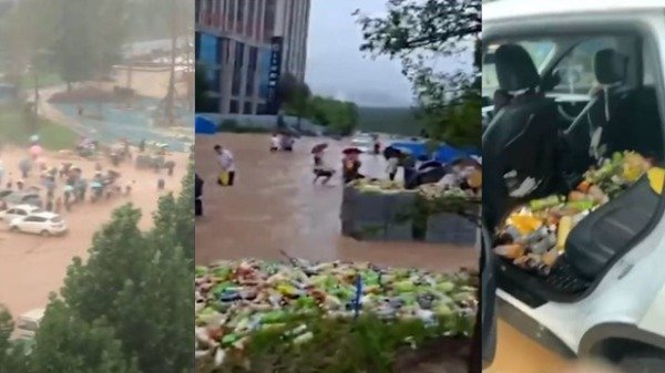 “康师傅仓库坍塌”，郑州人民疯抢30万瓶饮料。（图片来源：微博截图）
