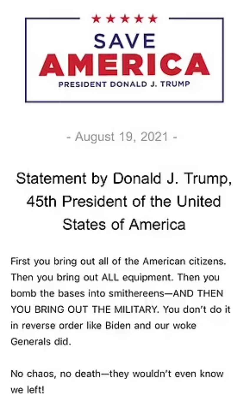 圖為川普於8月19日在其“拯救美國”網站上發表的聲明，介紹了他的三步撤軍方案。（圖片來源：網站截圖）