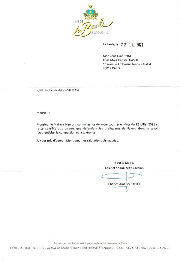 法國西部La Baule – Escoublac市長辦公室回信。（法國法輪大法學會提供）
