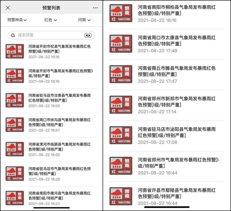 昨日河南省多個縣市超過30個暴雨紅色預警同時生效，鄭州緊急疏散23萬人。（圖擷自網路）