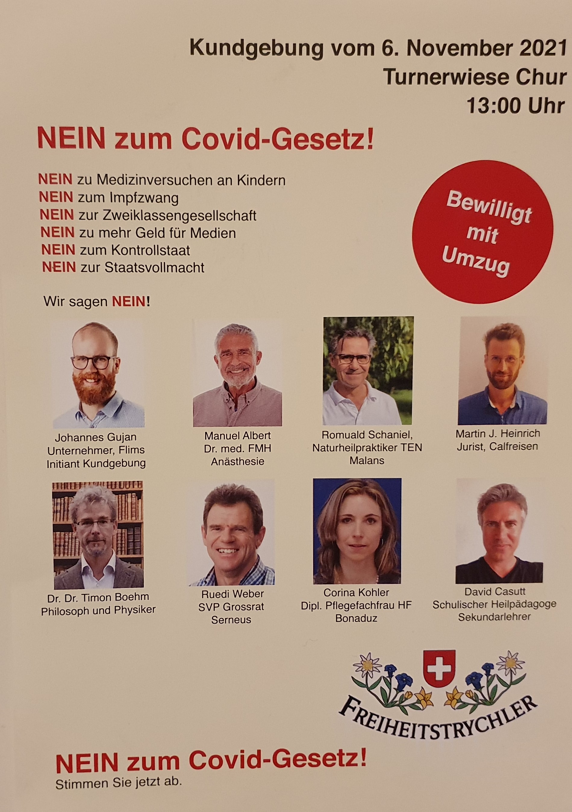 2021年11月6日，瑞士库尔举行反对新冠防疫法游行集会，图为这次集会的海报。（李静兰/SOH）