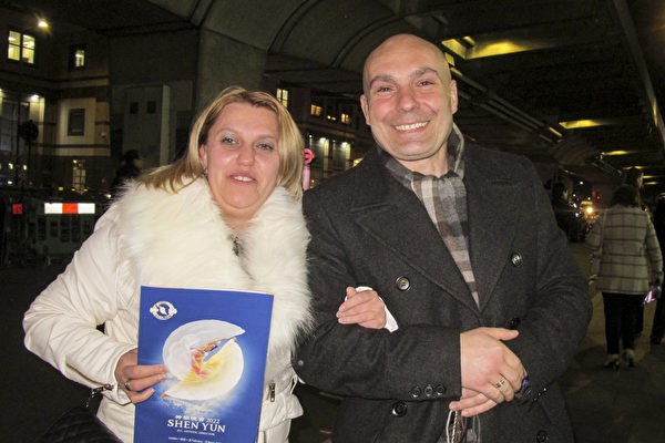 On the evening of February 26, 2022, Mr. Valentine Boradzhiev and his wife Nevana Boradzhiev watched Shen Yun World Art Troupe's first performance this year at the Eventim Apollo Theater in London.  (Mai Lei / The Epoch Times)