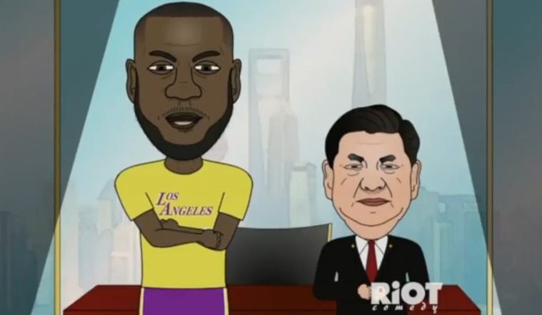 NBA球星坎特被火箭隊放棄前，在推特上傳動畫，嘲諷中國國家主席習近平對他刑求，NBA球星詹姆斯也在旁協助。