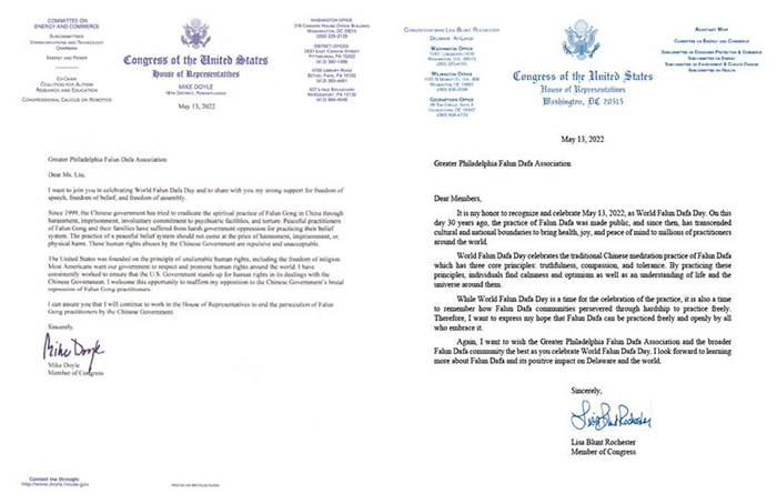 左：聯邦眾議員邁克.道爾（Mike Doyle）的賀信；右：國會眾議員麗莎•布朗特•羅切斯特（Lisa Blunt Rochester）賀信。（圖片來源：明慧網）