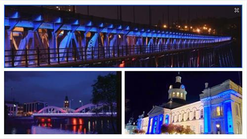 2022年加拿大還有市鎮持續用在標誌性建築物上亮燈來慶祝世界法輪大法日。圖為2021年的亮燈儀式。（圖片來源：明慧網）