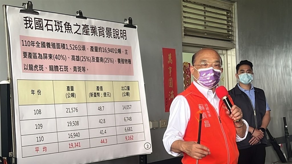 对于中国暂停台湾石斑鱼输入，行政院长苏贞昌（前）12日表示，把相关检验药剂科学证据给中国，也已读不回，这种做法不但蛮横，而且违背国际贸易惯例。