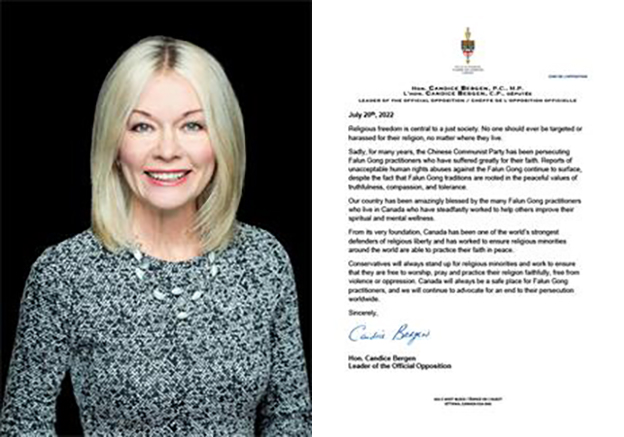 國會議員、保守黨臨時領袖坎迪絲.伯根（Candice Bergen）及信函。（圖片來源：明慧網）