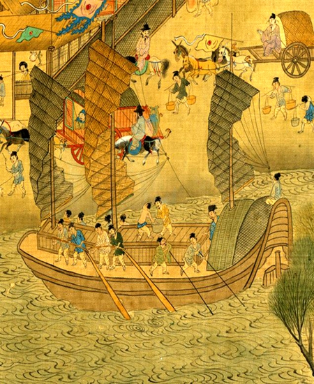 Чжан Дуаньлинь увидел эту возможность для бизнеса, достал все серебряные таэли, которые он принес, купил рис и восемьсот камней и положил их на лодку (фото: часть рисования [Мин] Цю Инь)