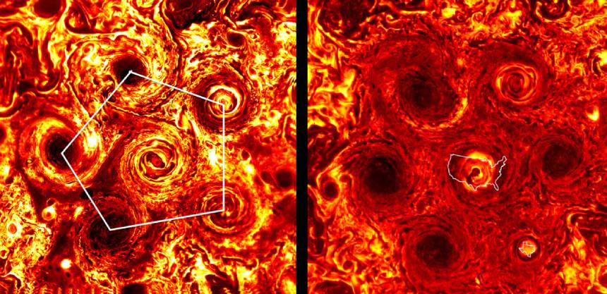 Infrared photo of Jupiter's south pole pentagonal storm cluster