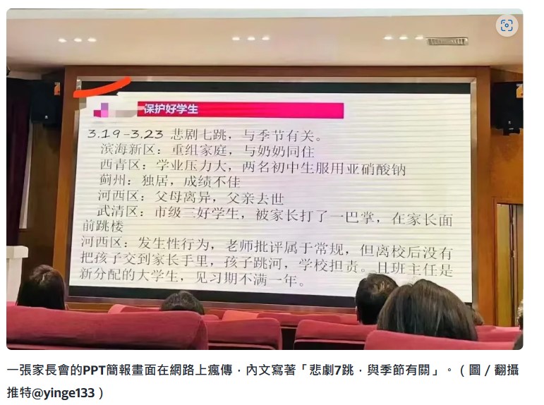 天津市在3月19至3月23日的5天内有7名学生选择了轻生。（推特图片）