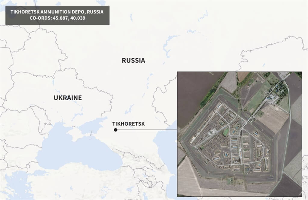 英國智庫「皇家聯合軍事研究所」（RUSI）調查報告指出，俄羅斯西南部克拉斯諾達爾邊區齊赫列茨克市一帶軍備彈藥貯存設施8月中旬開始快速擴建、增設防爆結構。衛星圖像顯示，這很有可能是為了儲放朝鮮供應的彈藥。（RUSI提供）