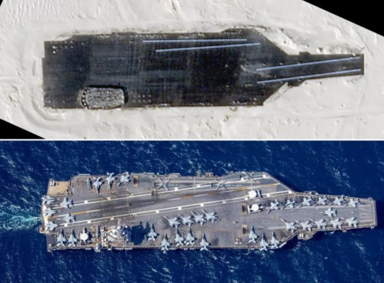中共靶艦和美國「福特號」比較，與「福特號」高度相似。