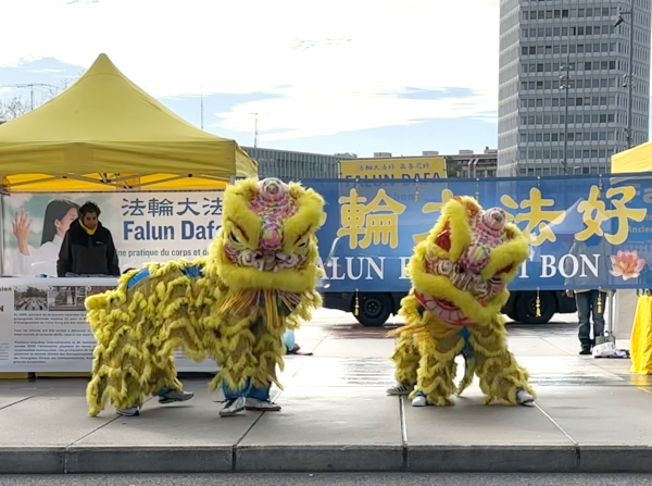 On January 23, 2024, Falun Gong practitioners performed a lion dance at the Place des Nations in Geneva (Photo: Photo by Wen Simin/Voice of Hope)