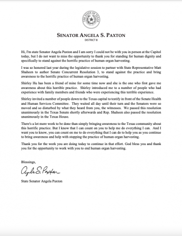 德州參議員Angela S. Paxton致信給德州法輪功修煉者。