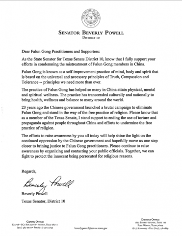 德州參議員Beverly Powell寫給美南法輪大法修煉人的信。