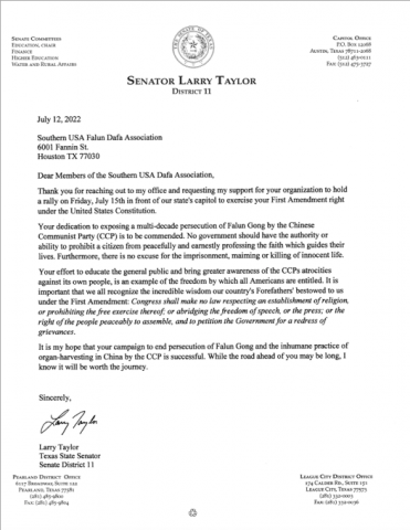 德州參議員Larry Taylor寫給美南法輪大法協會的信。